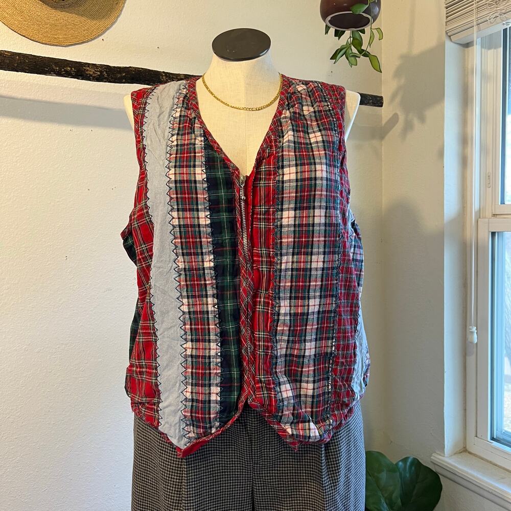 Vintage 90s Red Patchwork Plaid Flannel Blue Denim Zip Up Vest Top Size 20